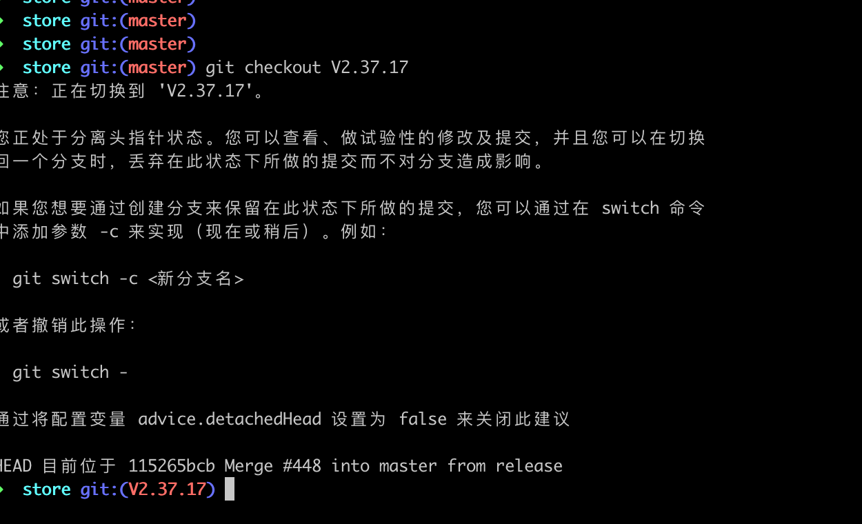 Git 切换到当前部署 Tag 后进入分离头指针状态