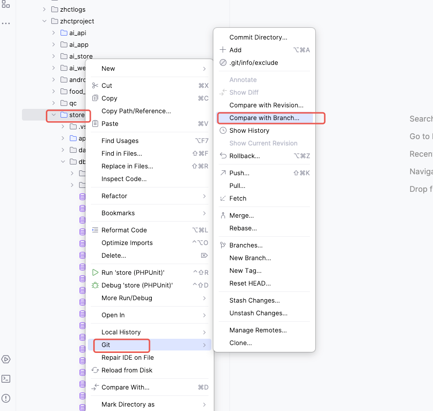 JetBrains 编辑器中的 Compare with Branch 菜单