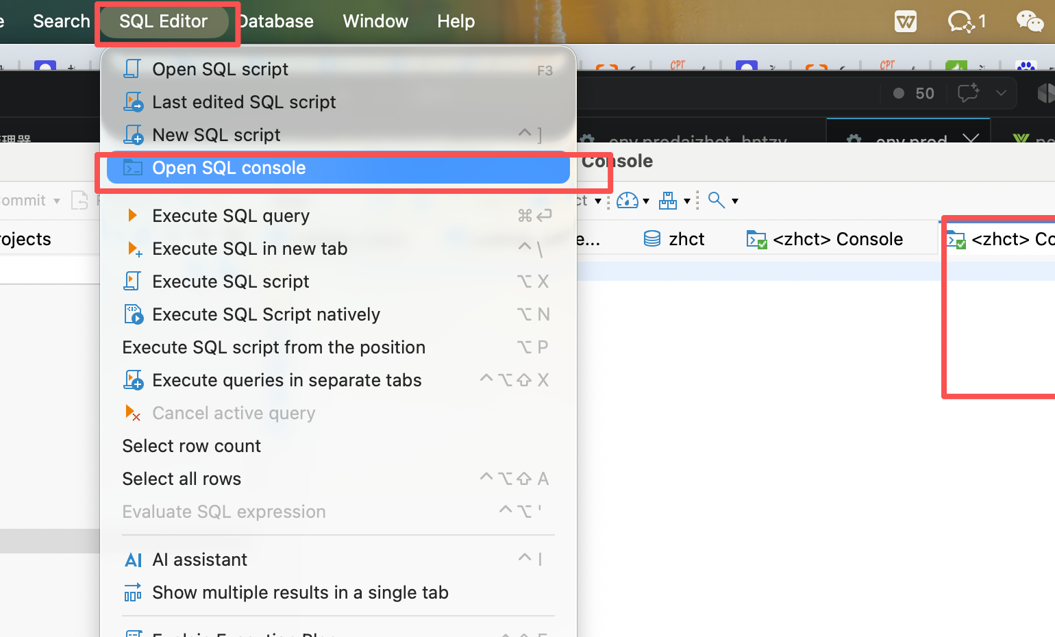 DBeaver SQL Editor 菜单中的 Open SQL console